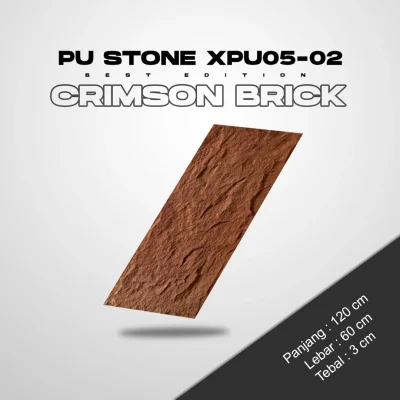 material PU Stone XPU05-02 MAXPRO warna Crimson Brick, menampilkan tekstur bata merah yang klasik dan autentik, cocok untuk dekorasi interior dan eksterior dengan gaya industri atau vintage.